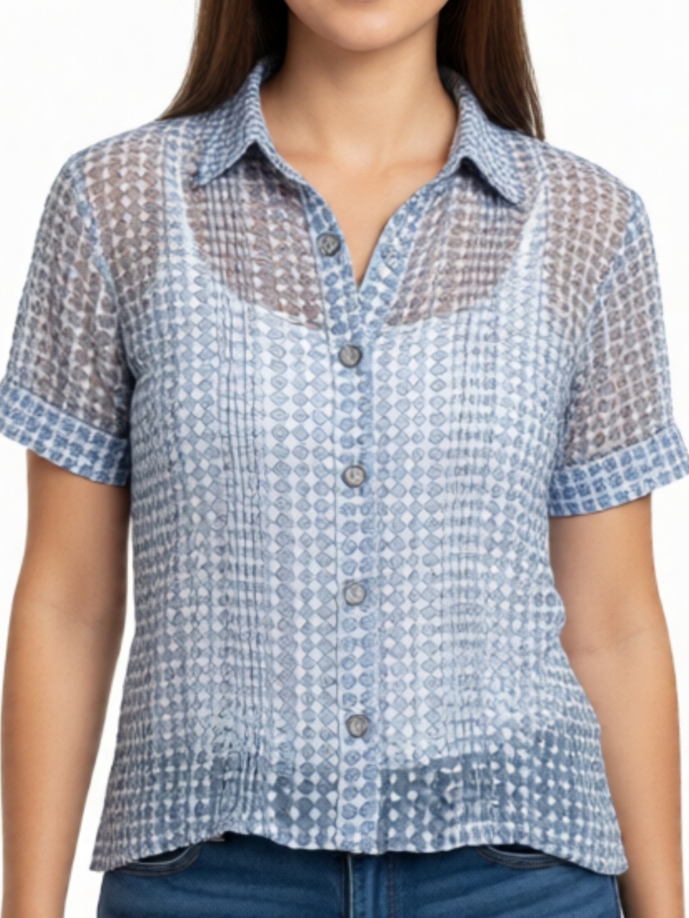 Vintage Y2K Free People Floral Button Up Short Sleeve Top In Blue Size Medium